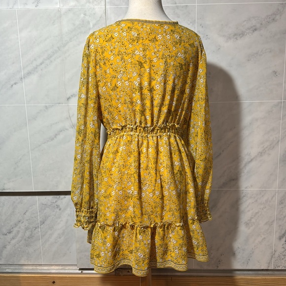 Max Studio Floral Mini Dress Yellow Chiffon Long Sleeve Ruffles V-Neck size L - Picture 3 of 10